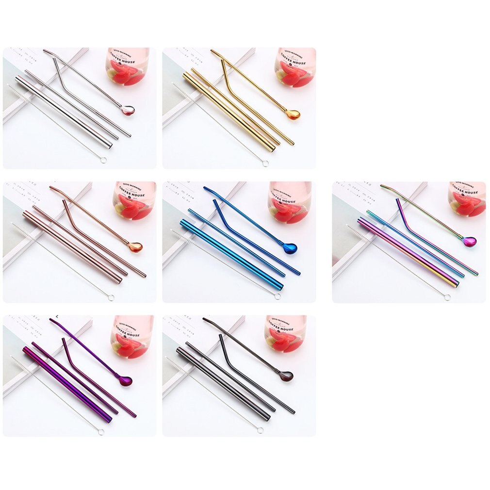 Set van 4 herbruikbare drinkrietjes van roestvrij staal, recht gebogen, breed melkrietje, pipetlepelset met reinigingsborstel en etui