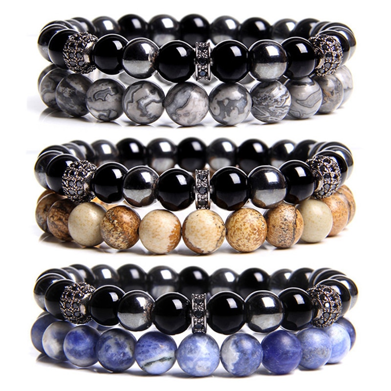 2 Stks/set Natuurlijke Grijs Kaart Geel Foto Blauwe Sodaliet Stenen Kralen Armband Voor Mannen Energie Sieraden Vriendschap Armbanden
