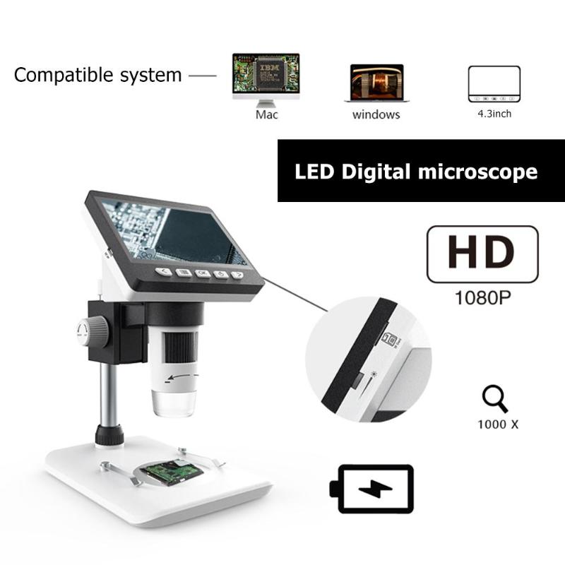 1000 x 4.3 tommer digitalt mikroskop  hd 1080p elektronisk desktop lodning lcd lup forstørrelsesglas sæt understøtter 10 sprog