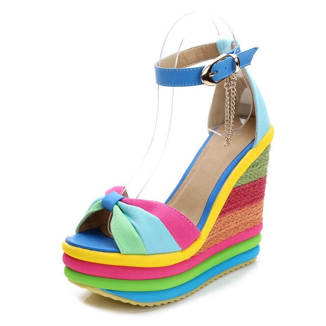 Ceyaneaossandals-sandales à plateforme, sandales d'été pour femmes, bloc de couleurs, talons hauts avec lanière à cheville, tressées, été sandales à talons compensés: Bleu / 4