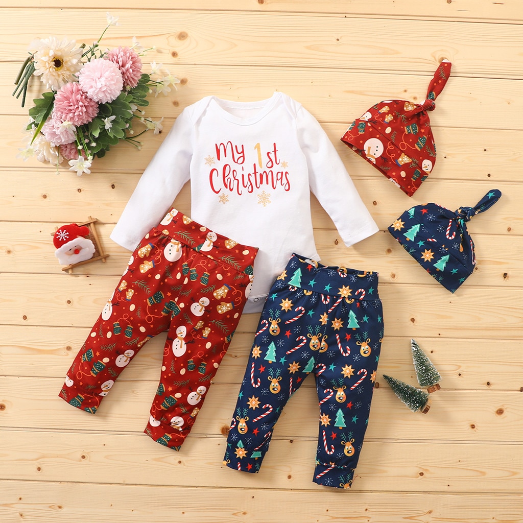 Roupas de natal do bebê recém-nascido infantil do bebê meninos meninas 1st macacão de natal calças superiores + chapéu conjunto roupas natal outono inverno