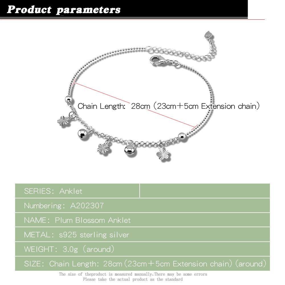 Flower Pendant Anklets Women 925 Sterling Silver Foot Chain Cute Girl bell Beach barefoot Jewelry Summer