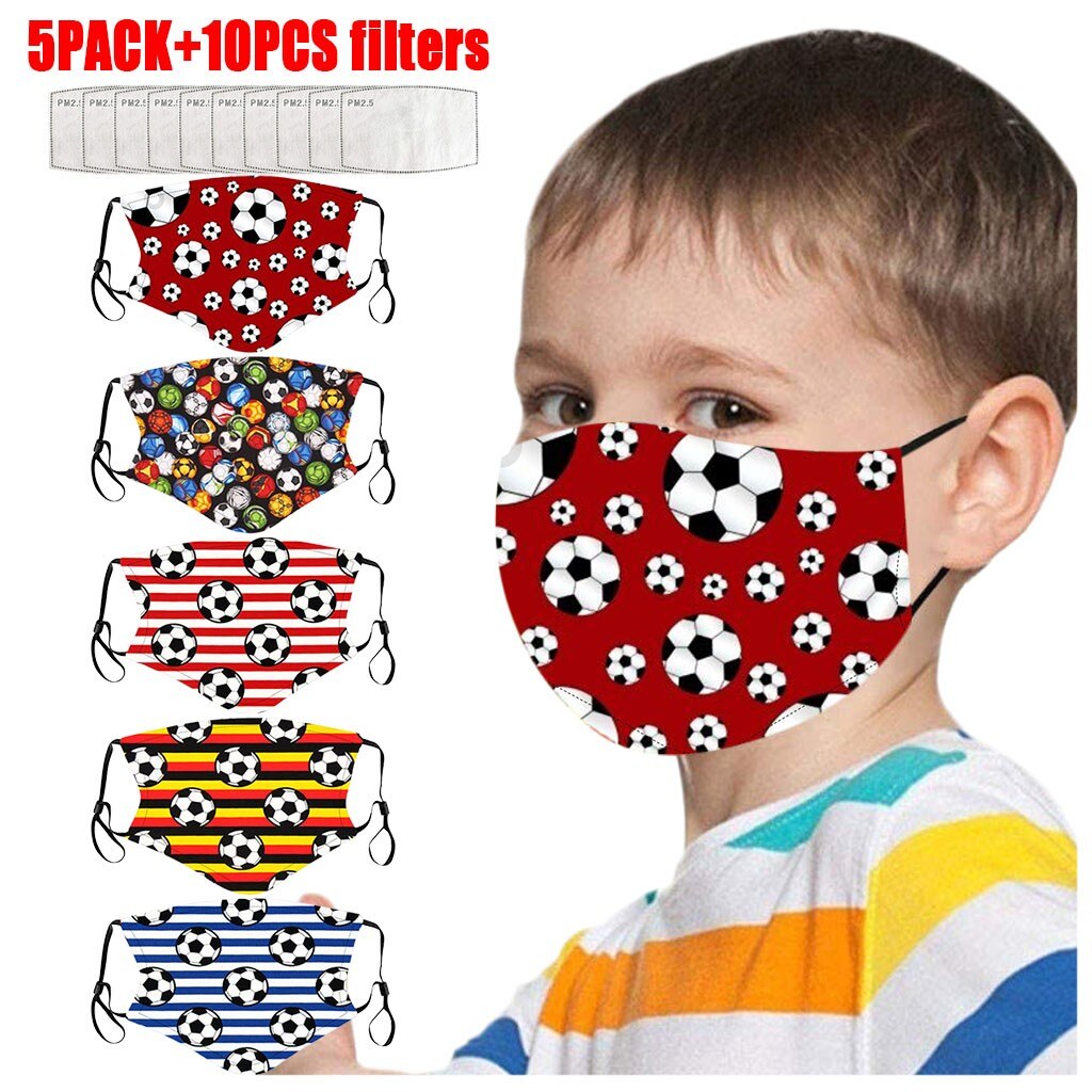 5Pcs Ski Fasemask Kids With 10Pcs Filter Reusable Football Print Breathable Mascarillas Cotton Washable Maskes Balaclava Cap Hat