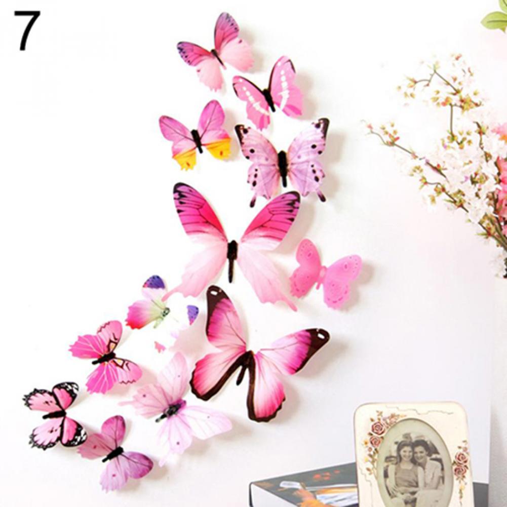 12Pcs 3D Pvc Vlinders Diy Vlinder Art Decal Home Decor Muurschildering Stickers: Roze