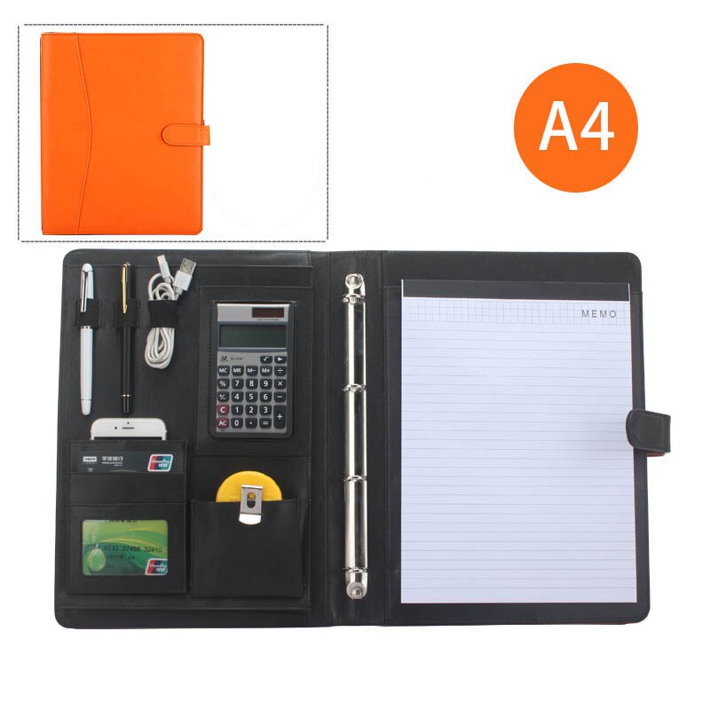 PU artificial leather folder ring binder a4 portfolio for documents padfolio briefcase with notebook cellphone holder 1210C: orange C style