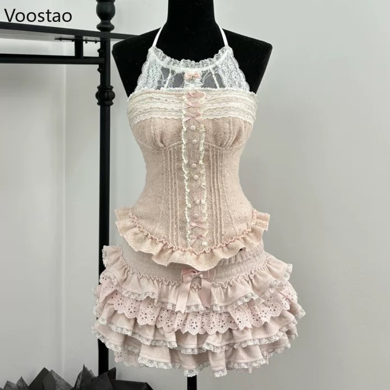 Sweet Lolita Style Princess 2 Piece Sets Women Lace Bow Sleeveless Slim Tops Mini Cake Skirt Suits Female Kawaii Outfits
