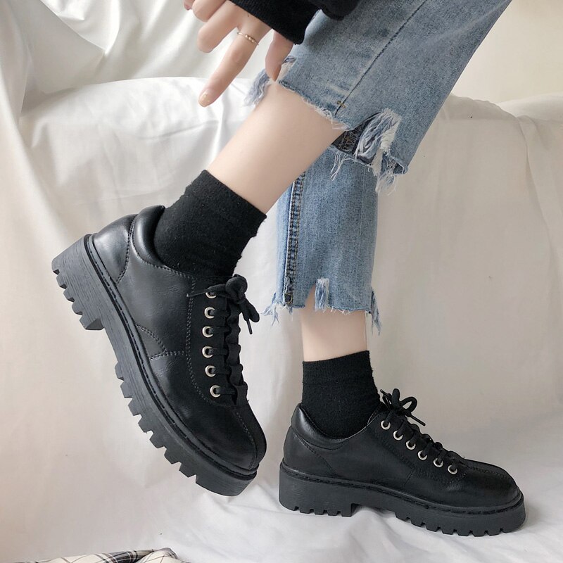 Patchwork cross-tied round toe oxfords creepers muffin british shoes women sewing brand flats all match leather footwear