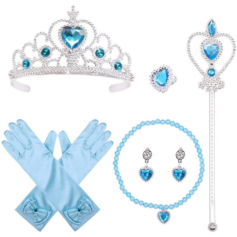 7pcs/lot Girls Princess Elza Dress Up Accessories Crown Necklace Ring Earring Wand Gloves Kids Jewelry Set Cosplay Toys: Blue 7pcs