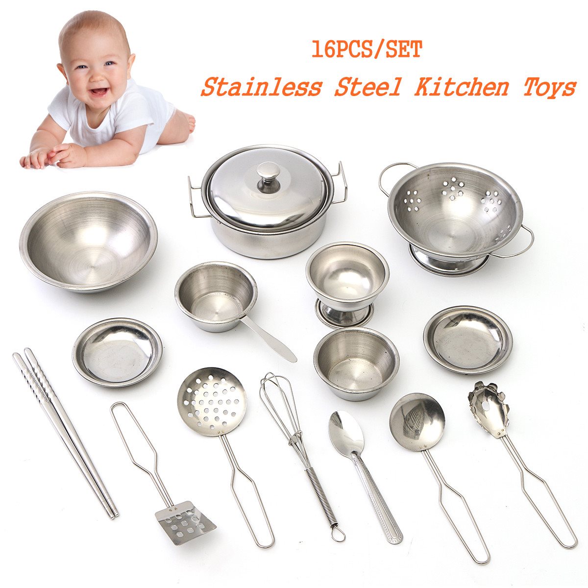 16Pcs Mini Rvs Keuken Model Kid Speelgoed Set Potten Pannen Gerechten Cookware Simulatie Speelhuis Speelgoed Kit