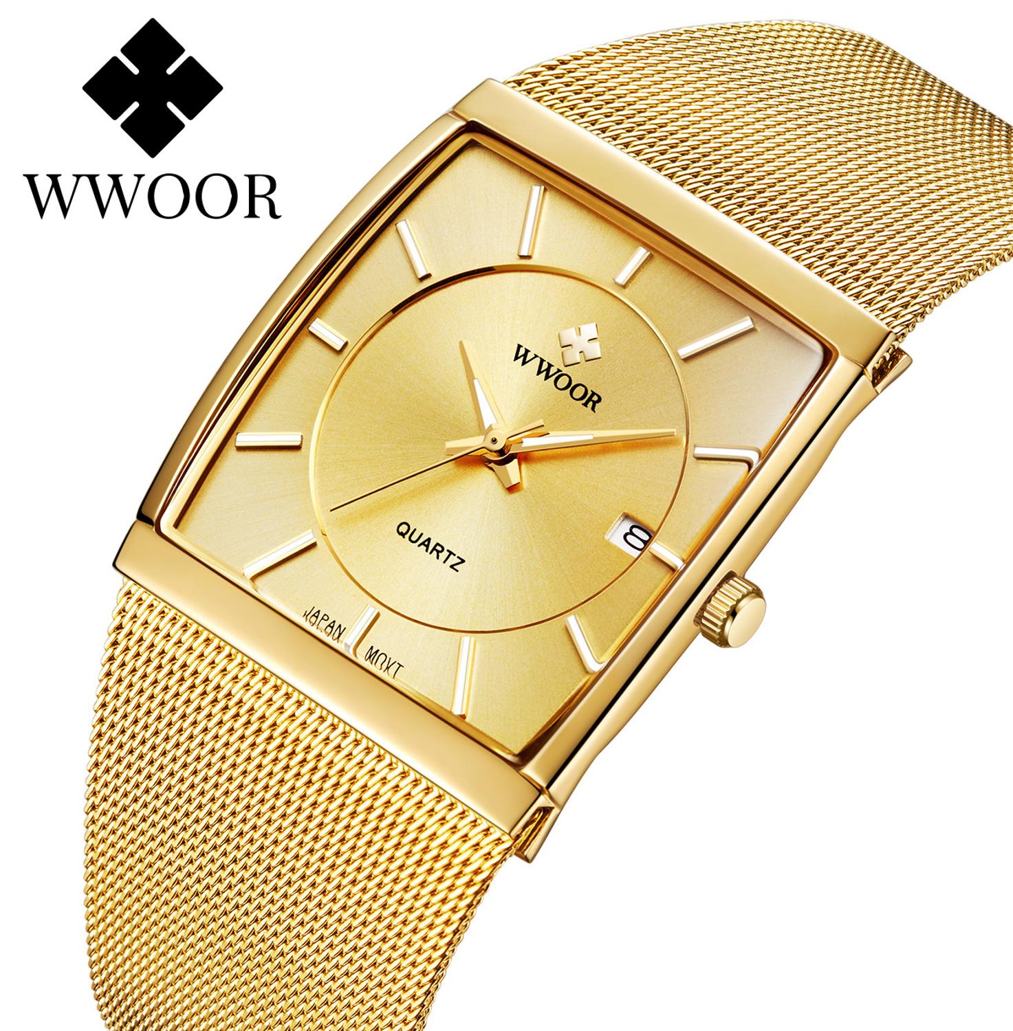 Wwoor Luxe Goud Ultra Dunne Quartz Horloges Voor Mannen Mode Vierkante Heren Horloge Stalen Mesh Band Waterdicht Datum Pols horloge