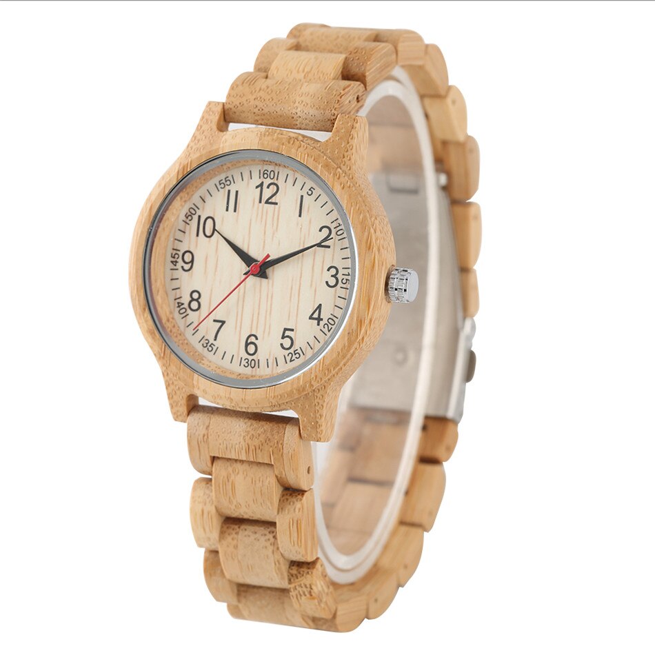 Arabic Numerals Bamboo Wood Lady Bracelet Watch Quartz Wristwatch Full Wooden Wristband Women&#39;s Casual Watch Red Seconds Hands