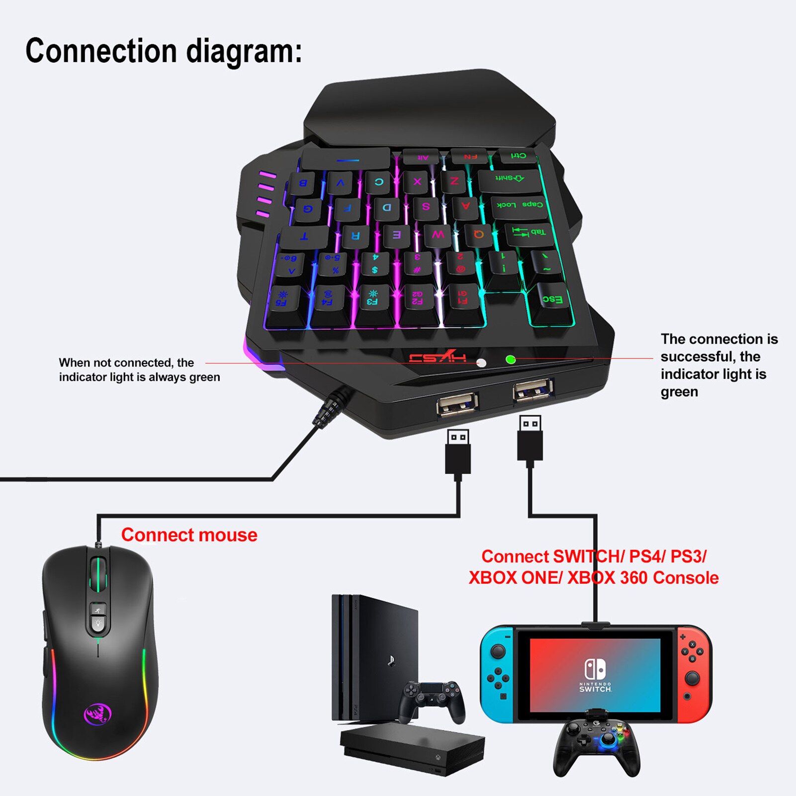 Gaming Mouse+One-handed Game Keyboard HXSJ J300+V500 Keyboard and Mouse Combo RGB Lighting Programmable