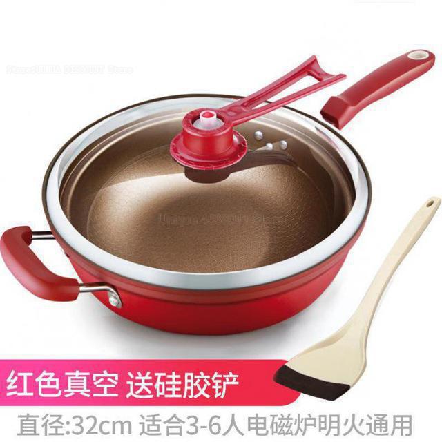 32cm Ijzeren Pot Huishouden Keuken Inductie Fornuis Universele Pan Vacuüm Wok Non Stick Pan Geen Olie Rook Pot Pan met Cover: 1