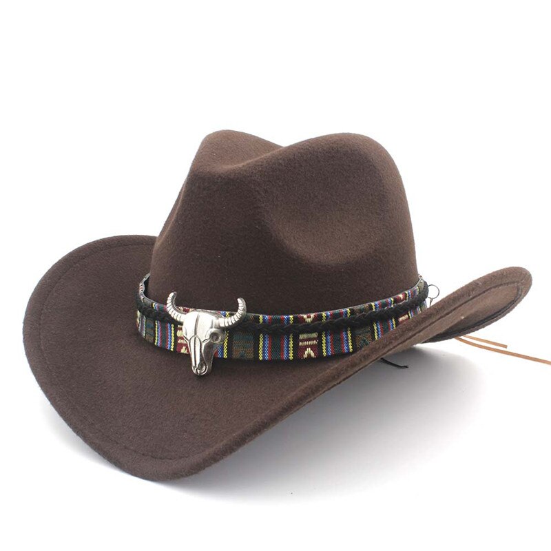 Vrouwen Wol Hollow Western Cowboy Hoed Roll-Up Wide Brim Lady Cowgirl Jazz Paardensport Sombrero Cap Met Kwastje Tauren lint: Coffee