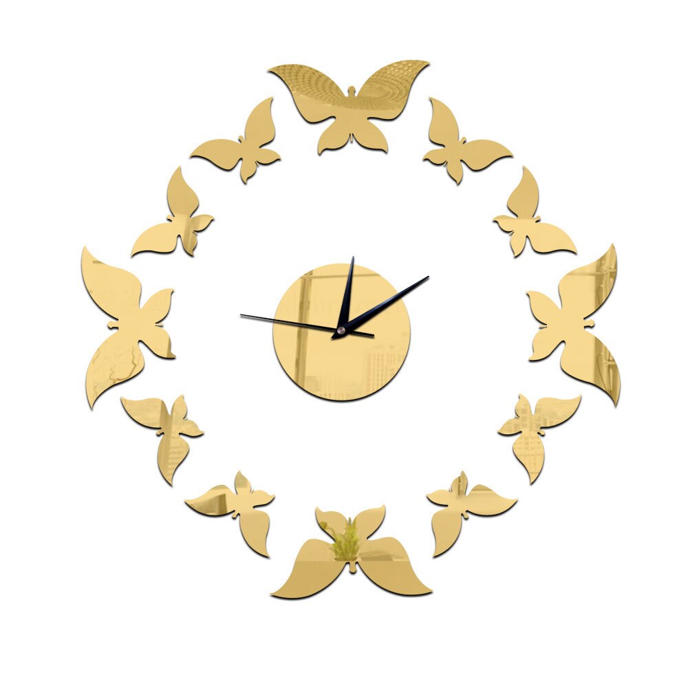 Baggrund vægdekoration krystal tredimensionelt sommerfugl ur spejl miljø akryl wallsticker cms 05: Guld