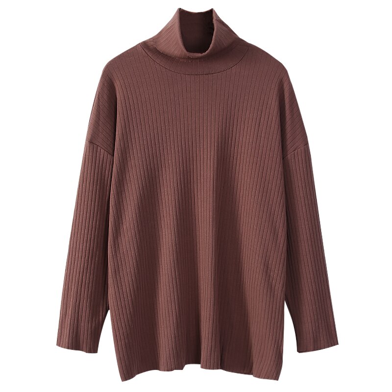 Efterårsstil stribet højhalset t-shirt hjemmetøj strikket bomuld graviditetstoppe løs stor størrelse bluse graviditetstøj 6620: Brun / M