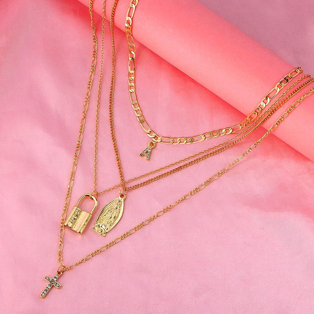 Flatfoosie gouden kristallen letterkruishanger ketting voor vrouwen punk multilayer portretslot lange ketting sieraden