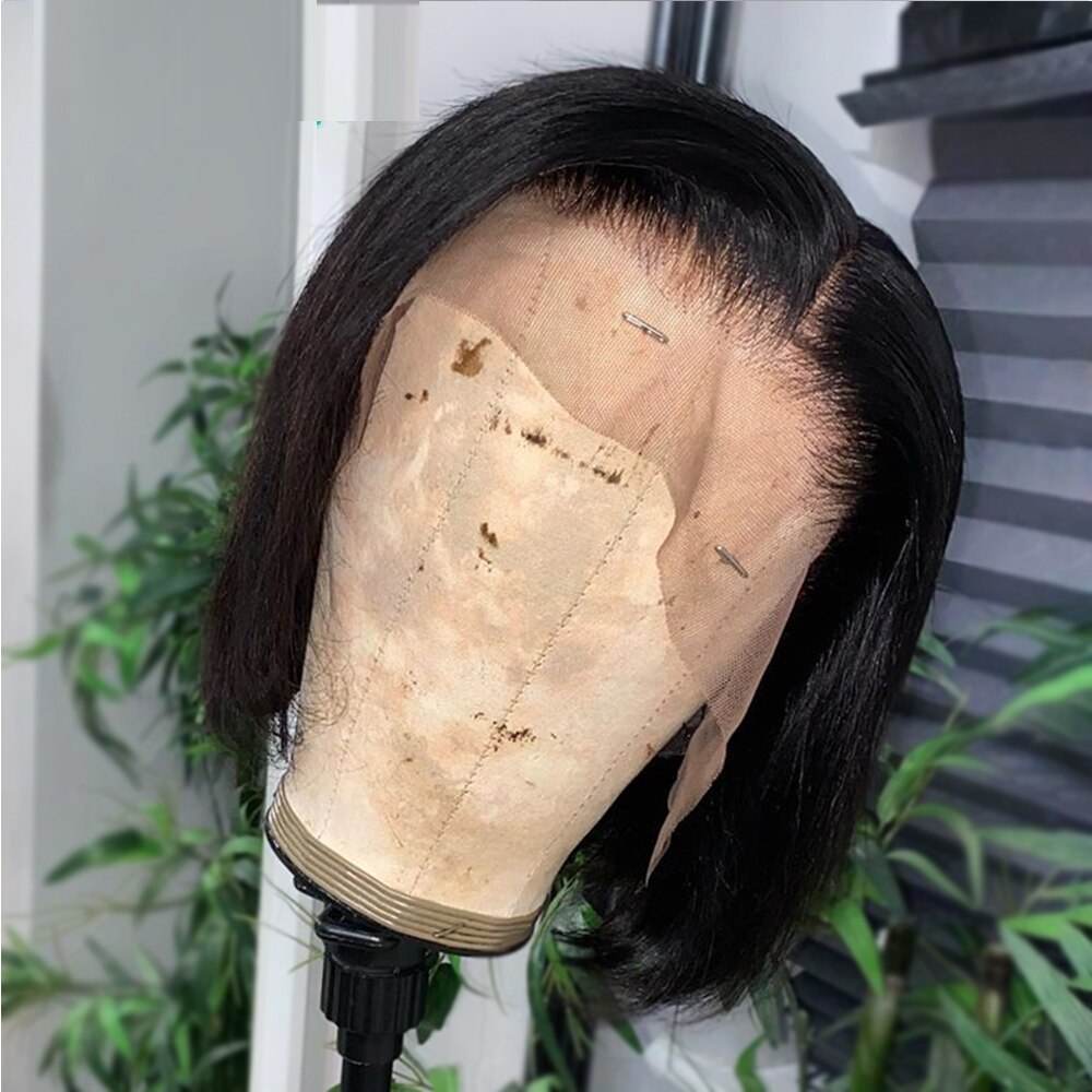 Sedoso recto Bob corto negro Natural Sintético peluca con malla frontal para las mujeres negras con bebé Cosplay del pelo Peluca de trama de máquina peluca