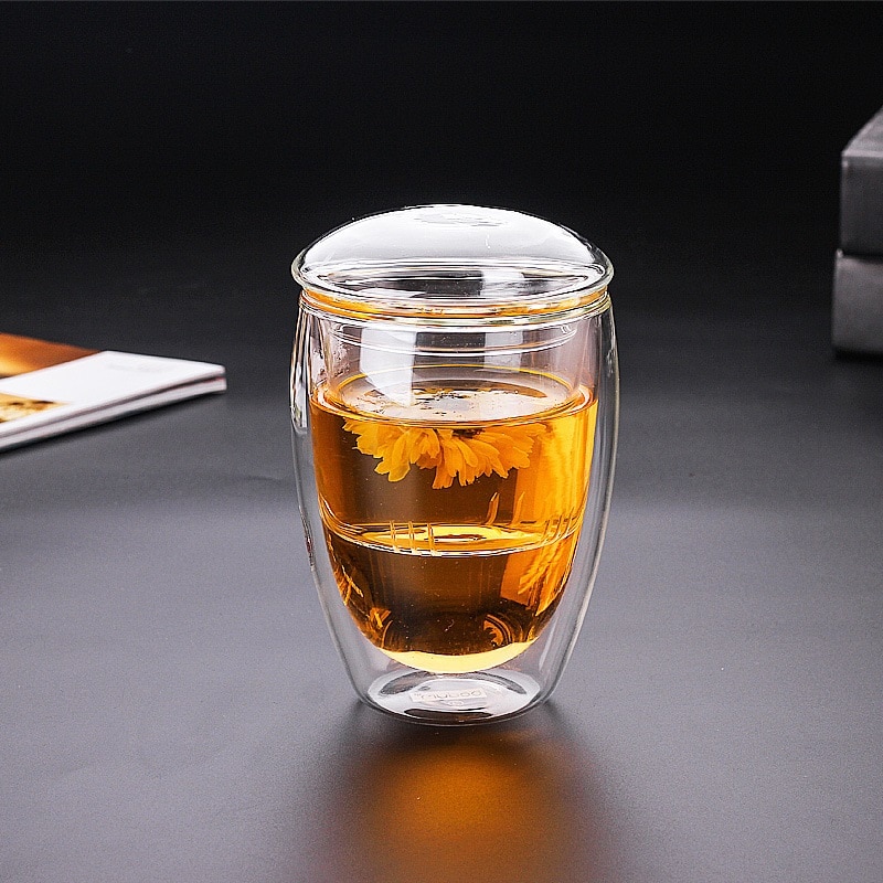 double walled high borosilicate glass tea cup, transparent food grade 350ml with infuser egg shape cup