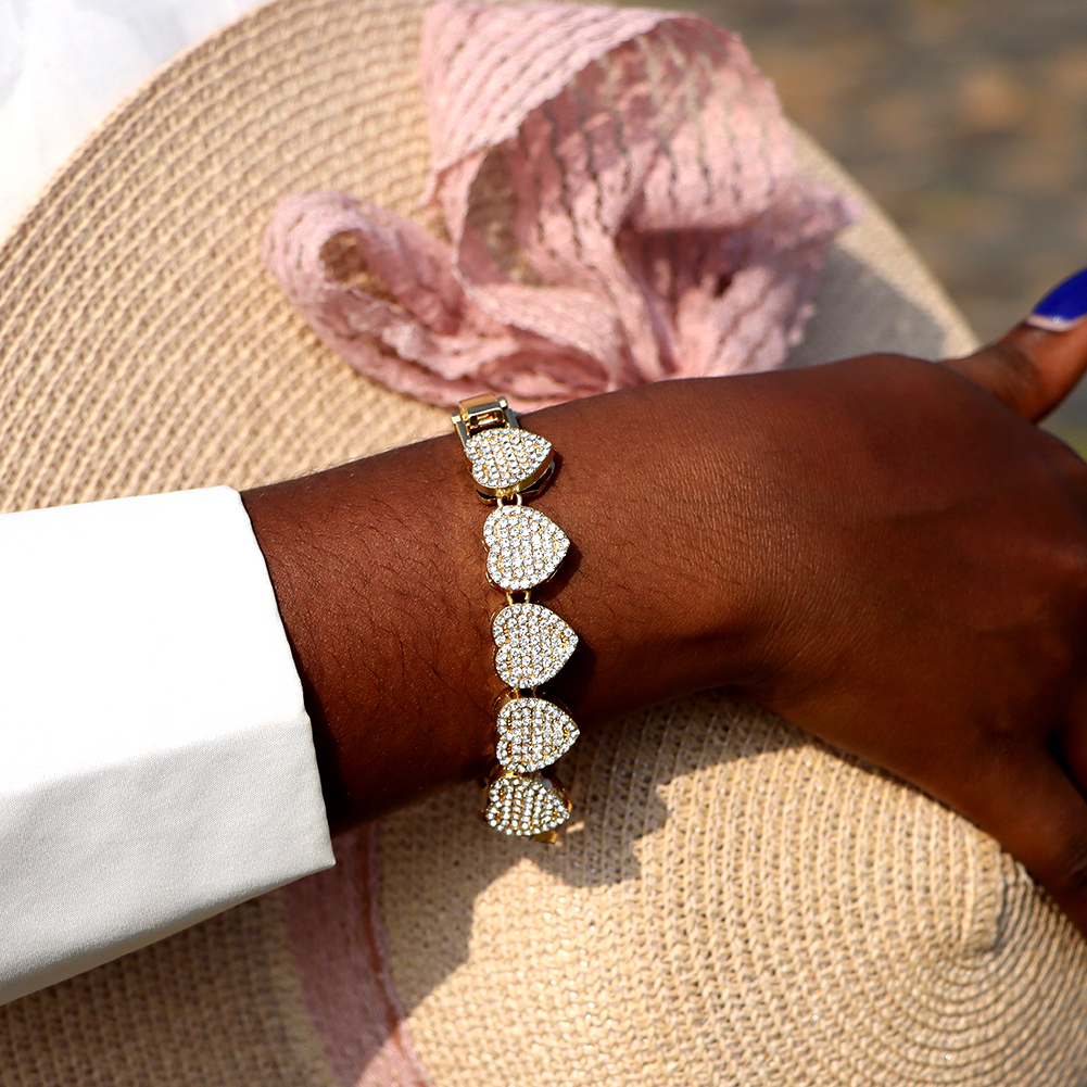 Crystal Heart Cuban Link Ketting Armband Voor Vrouwen Full Strass Hiphop Luxe Bling Chunky Armband Bruiloft Sieraden Cadeau