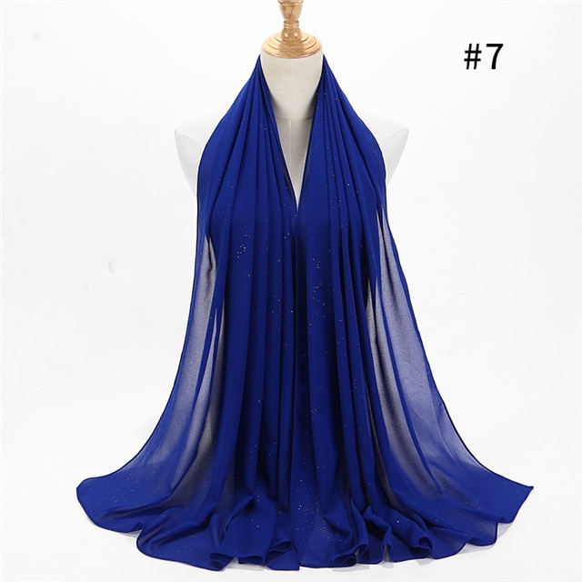 1 pc kvinnor vanlig bubbel chiffong scarf wrap guld glänsande glitter enfärgade sjalar pannband muslimska hijabs halsdukar/scarf 20 färger: Färg 7 safir