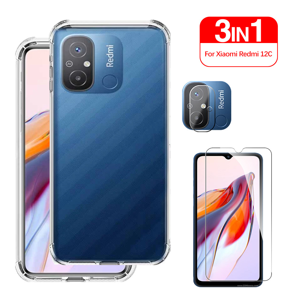 Xiaomi redmi 12c hoesje, schokbestendige transparante cover, redmi 12c 12 c c12 redmi 12c 4g gehard glazen cameralensfolie, siliconen fundas