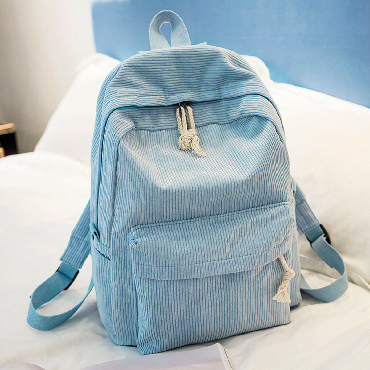 Kvinner dame enkel preppy stil corduroy ryggsekk jenter casual ensfarget dobbel glidelås reiser skolesekk rosa blå grå grønn: Blå