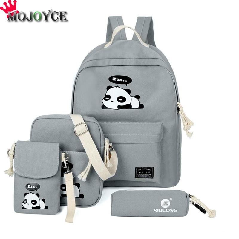 4 pçs/set bonito dos desenhos animados das mulheres panda impresso mochilas lona ombro clutch schoolbags composite sac a dos mochila feminina 2018: Cinza