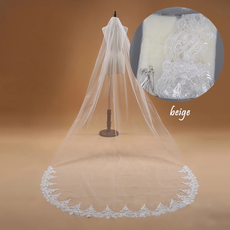 Veu de Noiva – Voile de Mariage court à deux couches, bord en dentelle, blanc ivoire, avec peigne, Tulle doux, Voile de mariée: long beige