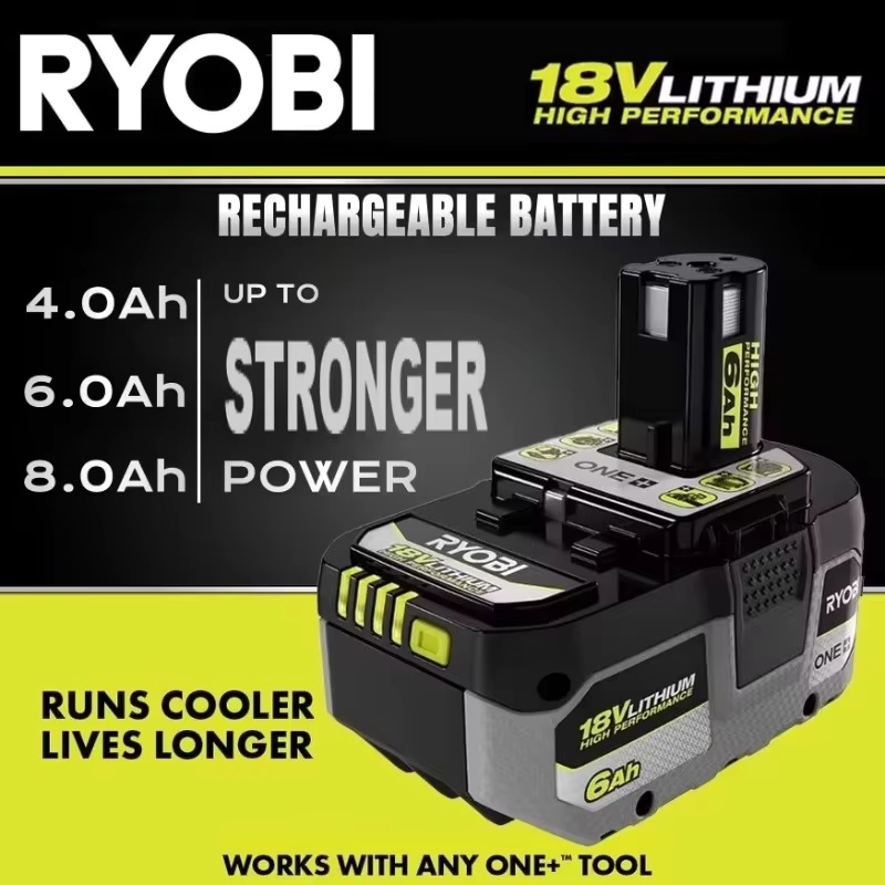 Wysokowydajna bateria litowa RYOBI ONE+8,0 Ah, bez efektu pamięci, niskie samowyładowanie, odpowiednia dla wszystkich narzędzi ONE+narzędzi