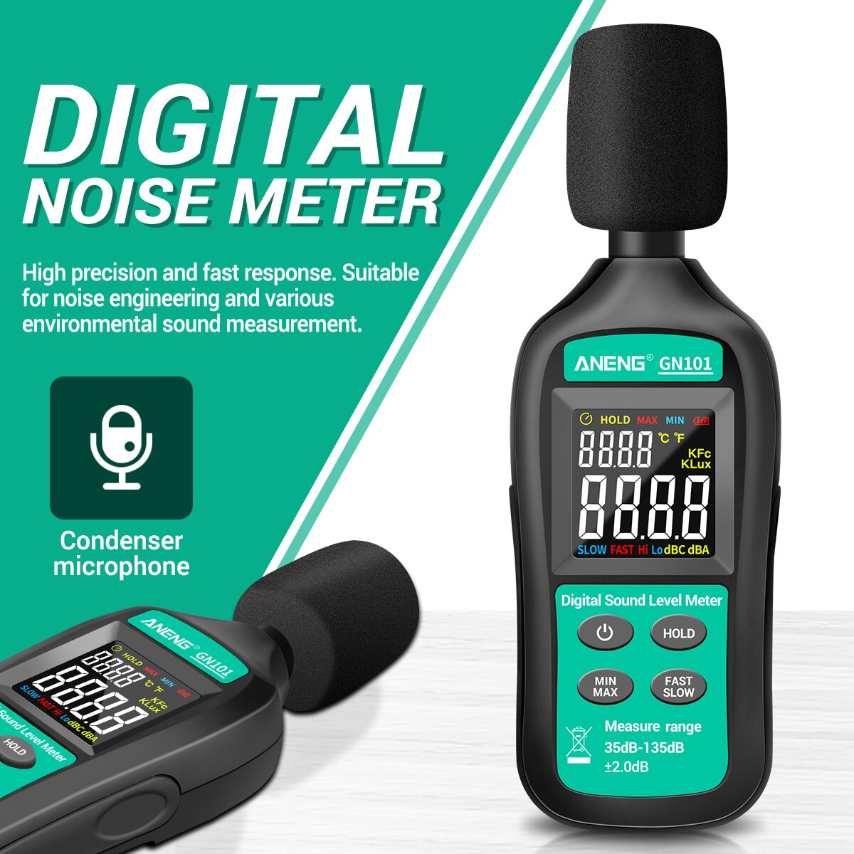 Digital støjmåler 35db-135db decibel meter lcd display lydniveaumåler høj præcision lyd decibel monitor støjtester