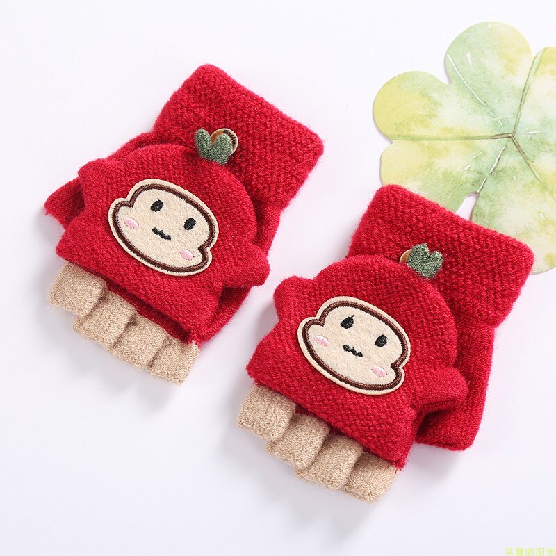 Wecute-gants chauds pour enfants | Gants d'hiver chauds, haricots mignons singe, demi-doigt, gants de dessin animé pour garçons et filles: Rouge