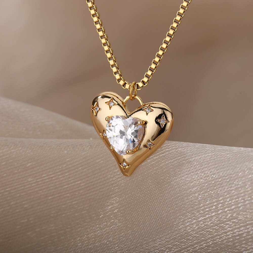 Crystal Heart Star Kettingen Voor Vrouwen Rvs Gouden Ketting Hart Hanger Ketting Choker Partij Sieraden Bijoux Femme