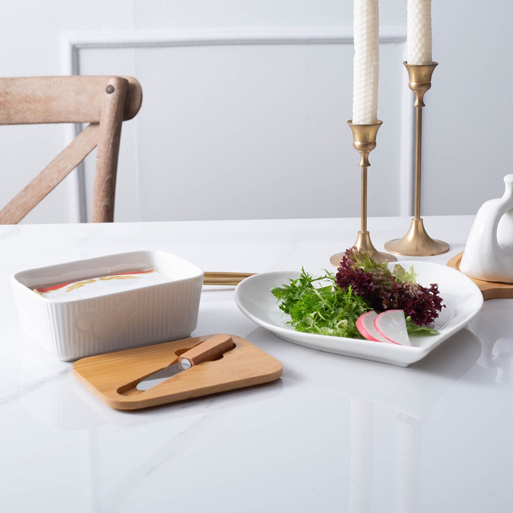 Nordic Stijl Boter Doos Afdichting Met Houten Deksel Mes Fooddish Keramische Keeper Tool Kaas Opbergvak Plaat Container Voor Keuken