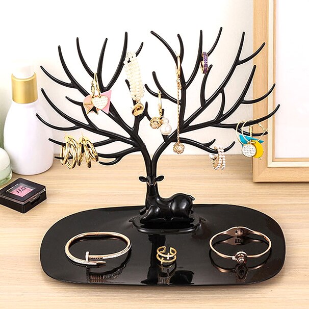 Caja organizadora de joyas con forma de árbol, organizador cosmético , estante para anillo, pendientes, collar, exhibidor, organizador de maquillaje: Black
