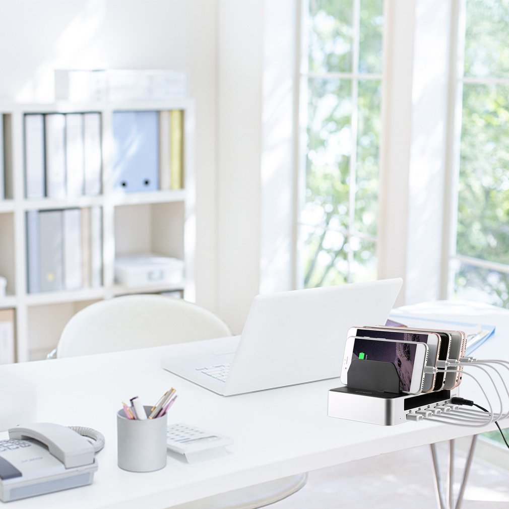 Universelle usb-ladestation mit 5 anschlüssen, abnehmbarer usb-tischladegerät mit halterung und schnellladefunktion für mobiltelefone und tablets