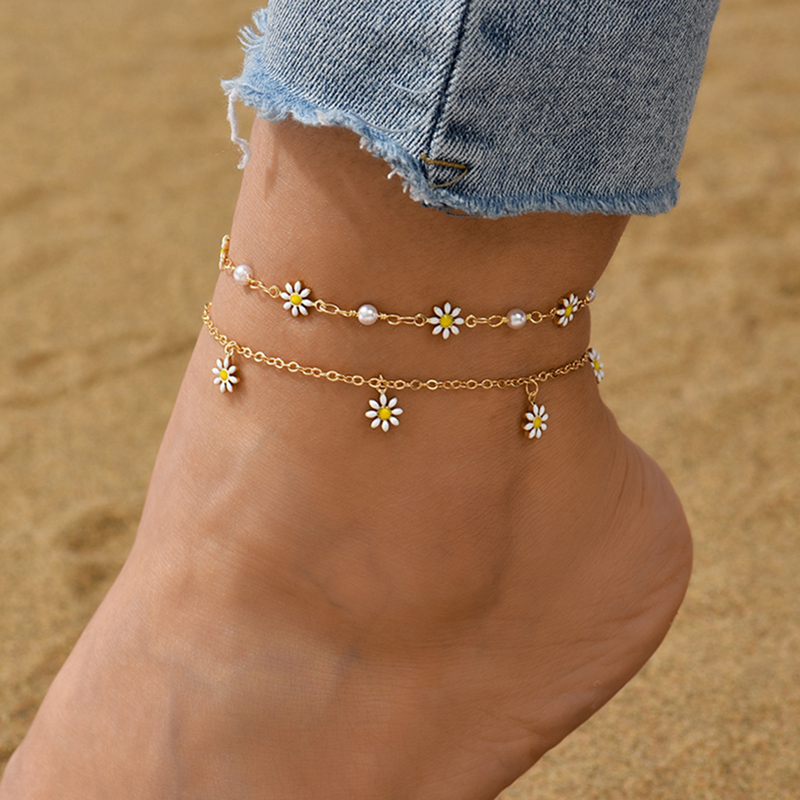 Tobillera de margaritas con cadena de perlas hechas a mano para mujer, sandalias de playa de verano, accesorios, pulsera en la pierna
