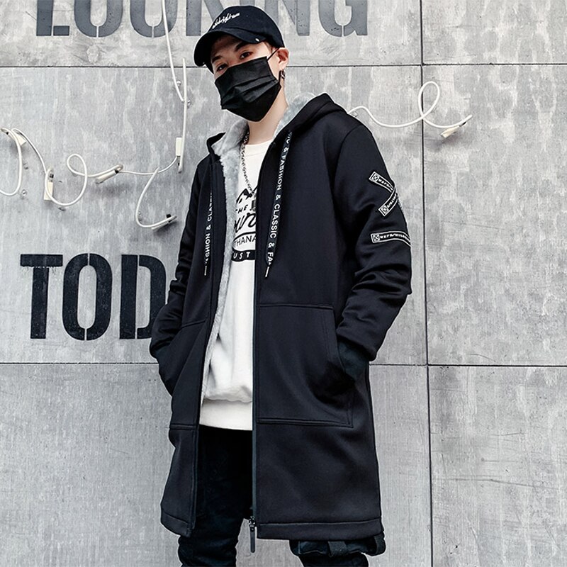 Fleece Winter Jacket Men Printed Japanese Hooded Long Trench Coat Black Hip Hop Streetwear Thick Jacket Mens Windbreaker Coat