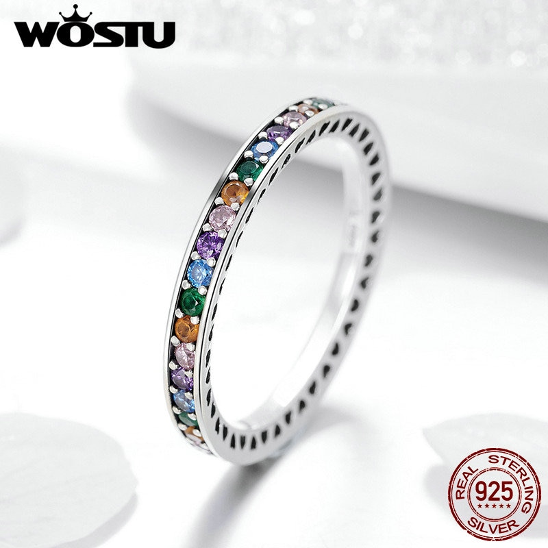 Wostu Echt 925 Sterling Silver Rainbow Kleurrijke Cz Stone Ringen Voor Vrouwen Luxe Party Zilveren Sieraden FIR392