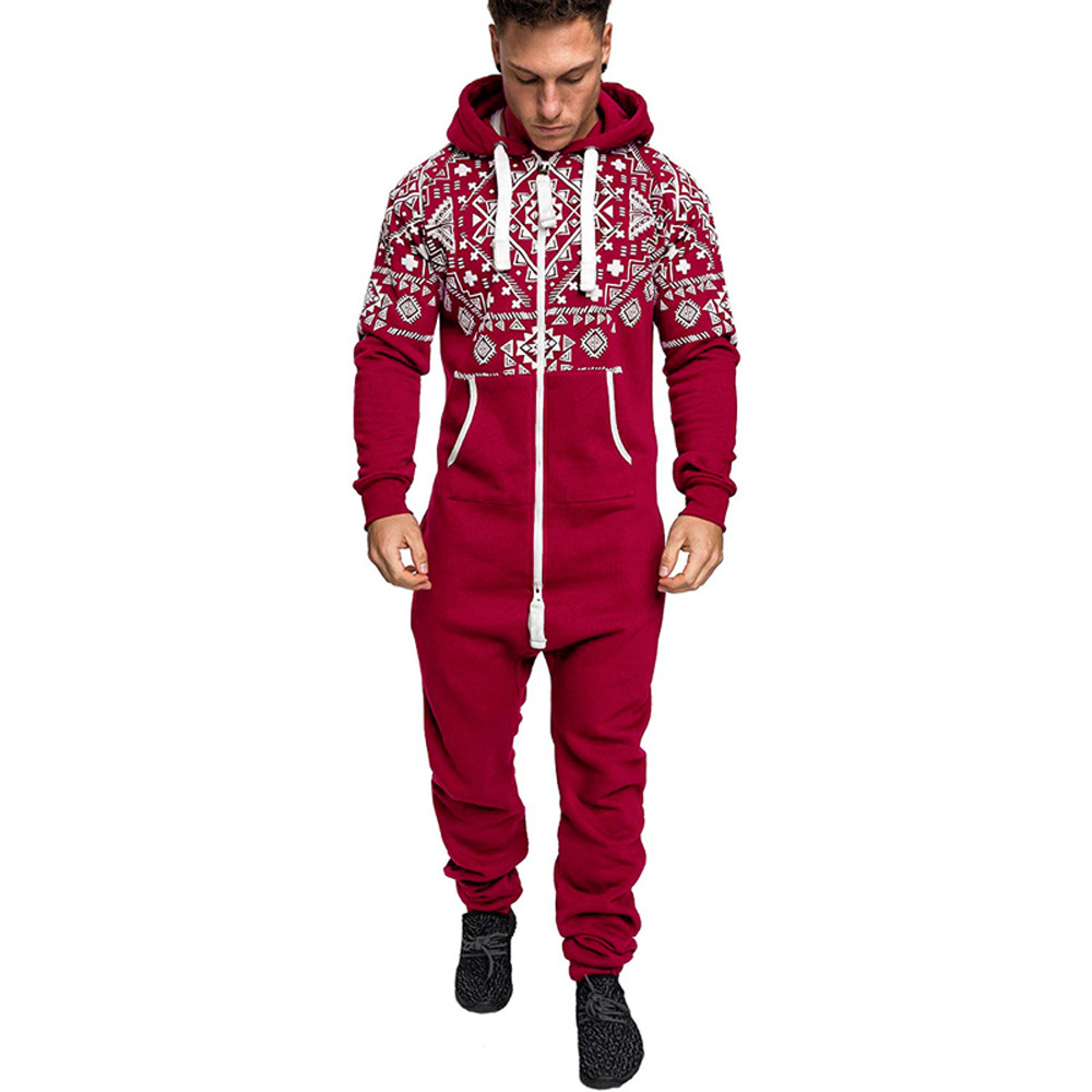 menn combinaison pyjamas høst vinter uformelt hettegenser skrive ut glidelås ut jumpsuit pijama hombre – Grandado
