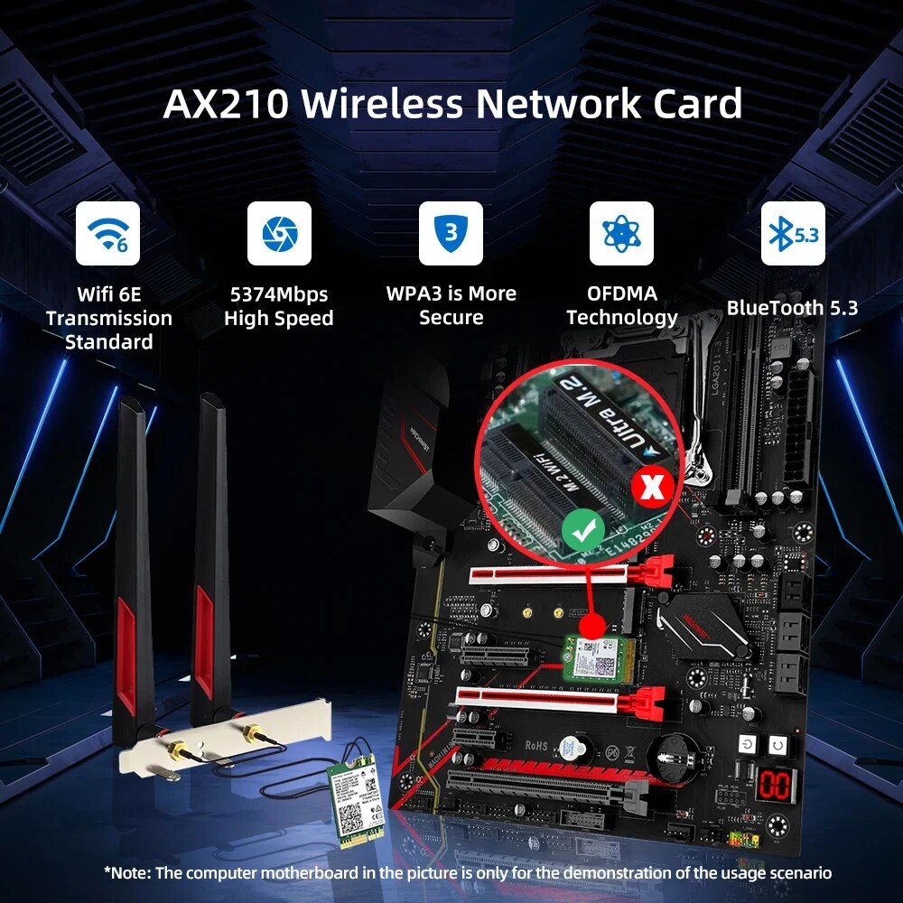 Adattatore wireless WiFi 6E AX210 M.2 2.4G/5G/6GHz Bluetooth 5.3 Wi-Fi 6 AX210NGW NGFF 10DBI Set di antenne per desktop/PC Win10/11
