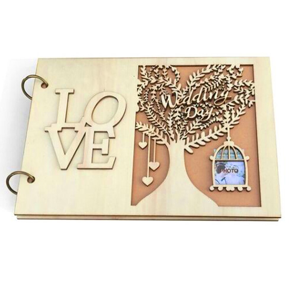20 sidor trä bröllop gästbok bröllop tillbehör bärbar ihålig yta fotoram anteckningsbok gästbok bröllop dekoration