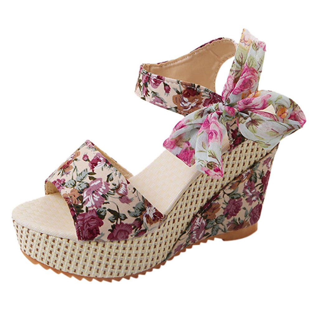 Zomer Wig Sandalen Vrouwen Dames Platform Wiggen Hak Sandalen Bloemen Strik Lace-Up Schoenen Open Teen dames Schoenen: Roze / 7