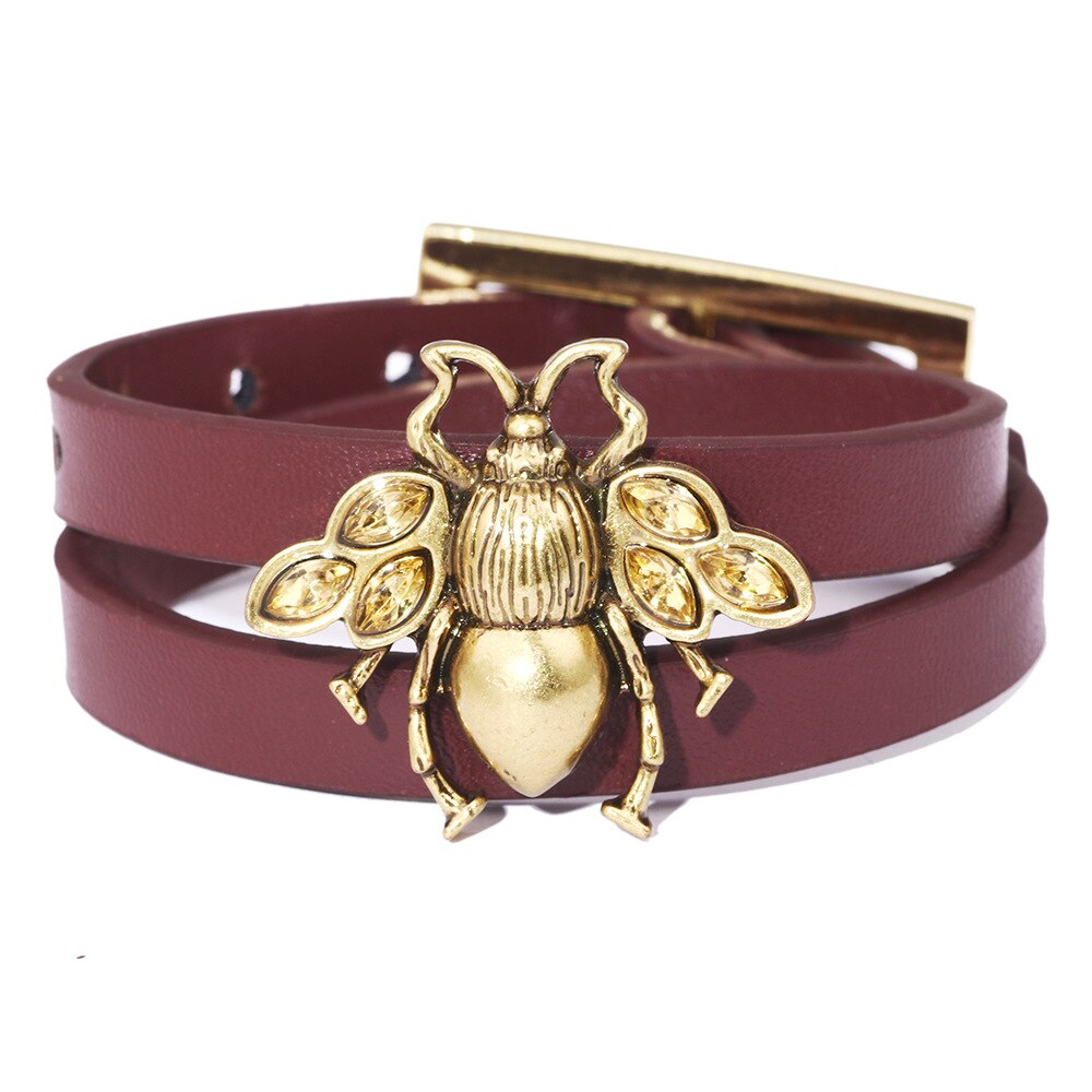 Kirykle Cute bee women bracelet Adjustable leather bracelet Charm Gold Alloy set zircon bee bracelet Femme Party Jewelry: KR1110-5