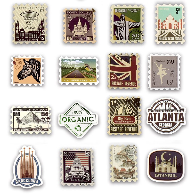 50 Pcs Diy Vintage Retro Paper Stickers Stamp Sticker For Diary Scrapbooking Luggage Decal Refrigerator Decal