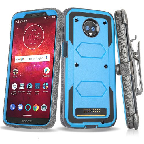 Heavy Duty Hybrid Armor Case Shockproof Impact Beschermende Riemclip Holster Kickstand Cover Voor Motorola Moto Z3/Moto Z3 spelen: Blue