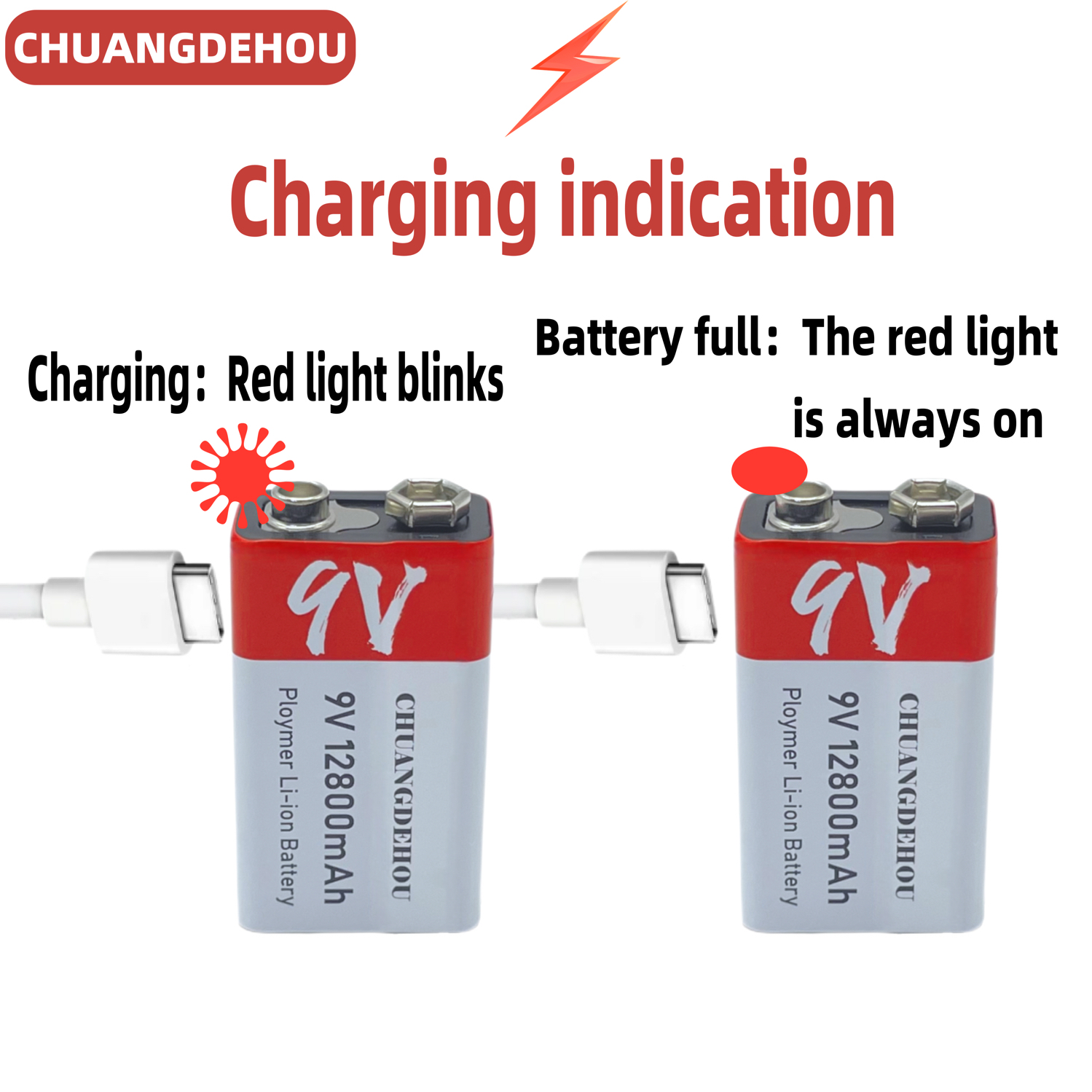 9V Lithium Battery 12800Mah Large Capacity Usb-C Fast Charging Red and White Warning Suitable for Smoke Alarm Multimeter Anti-Leakage and Explosion-Proof Recyclable Charging Ultra-Long Battery Life and Durable