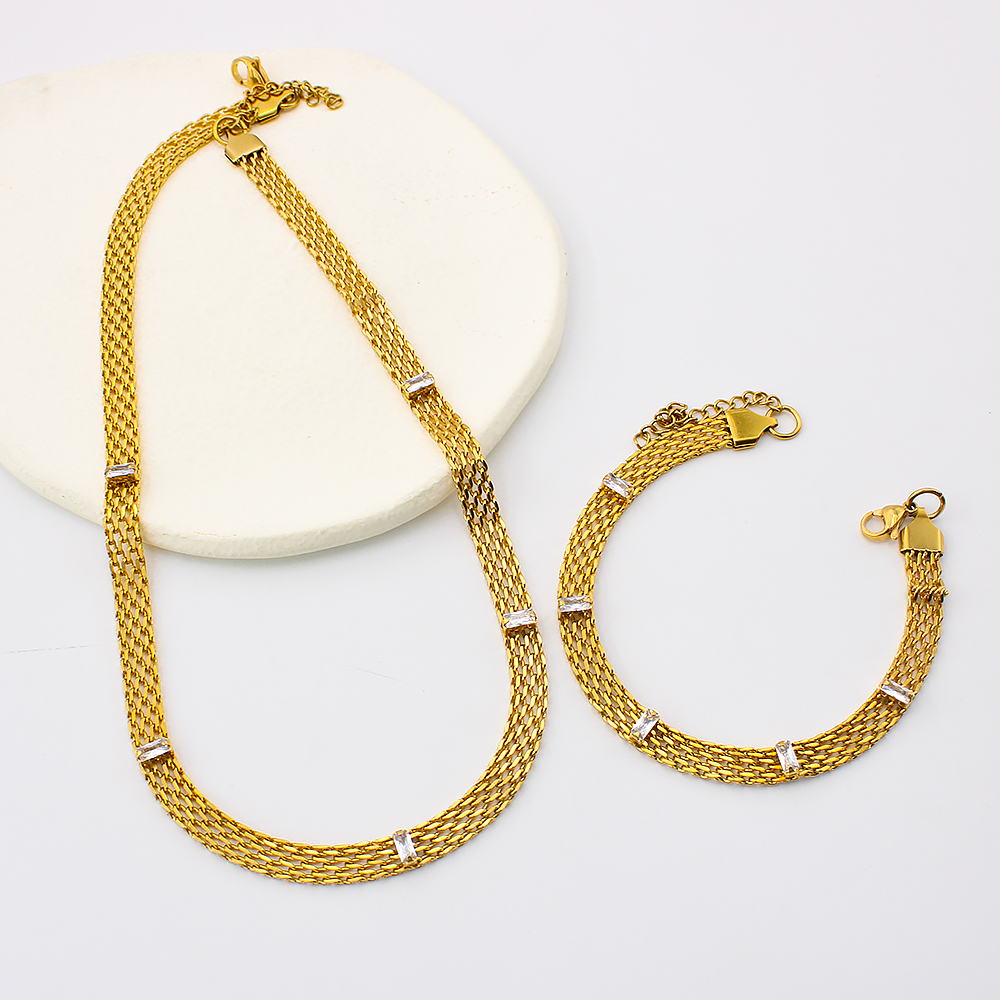 Women's 18K Gold Color Stainless Steel Choker Woven Mesh Chain Necklace Chain Charming Jewelry Waterproof Jewelry: Set 2