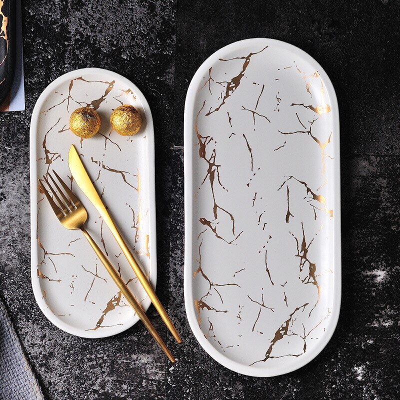 Nordic Style Ceramic Marbled Black Gold Oval Rectangular Plate Simple Beautiful Western Dinner Plate Kitchen Sushi Snack Trays