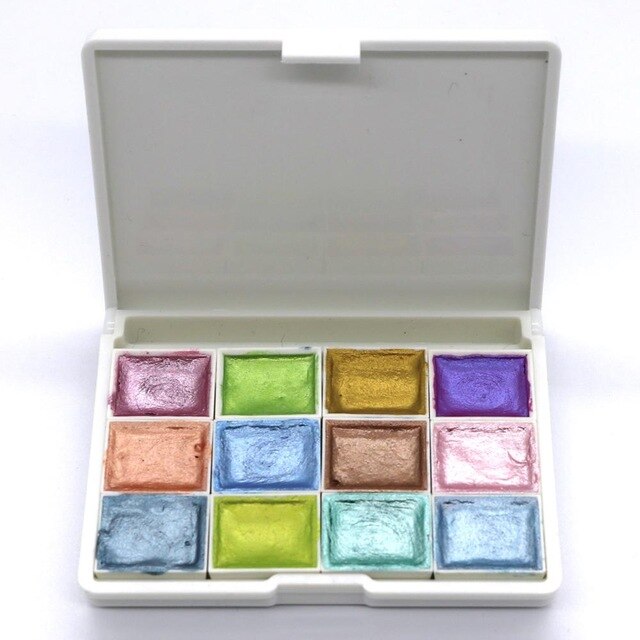 12 färg metallic akvarell set guld pigment färg med vattenpensel för konstnär målning glitter vatten färg konst tillbehör: 12 makaronsplastik